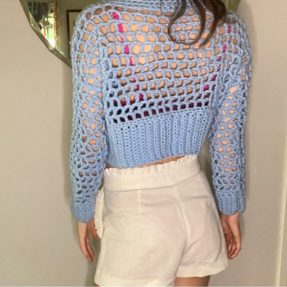 Sold 9/4/24 live Baby Blue Hand Crochet Cropped Sweater Top - Picture 7 of 7